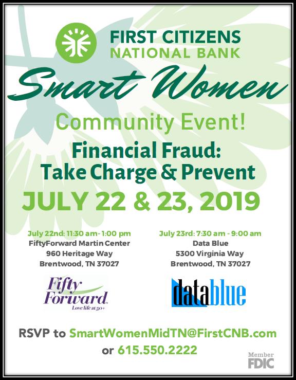 First Citizens National Bank’s Smart Women Program on Financial Fraud on July 22 and 23