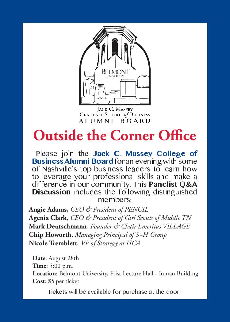 “Outside the Corner Office” Panel Discussion Hosted by Massey College of Business Alumni Board on 8/28/19