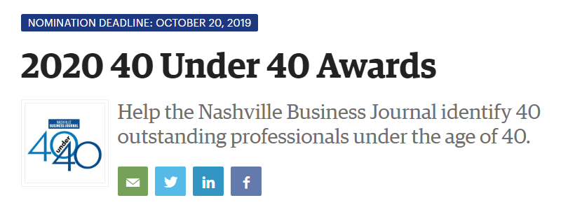 Nominations Being Accepted for Nashville Business Journal’s 2020 40 Under 40 Awards